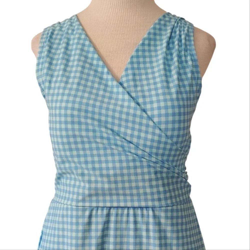 NWT Lands' End Aqua Blue Gingham Tummy Control Swim Dress Size 12 LONG Modest